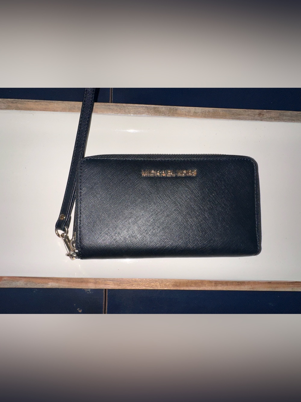 Michael Kors Black Leather Zip-Around Wristlet with Gold Logo